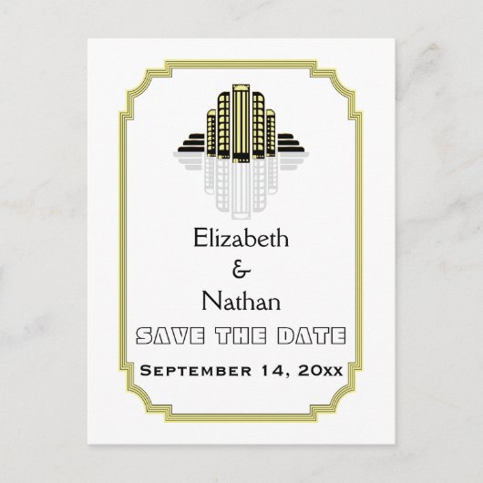 アールデコ黒い黄色の結婚式の日付を保存 案内ポストカード (正面)
