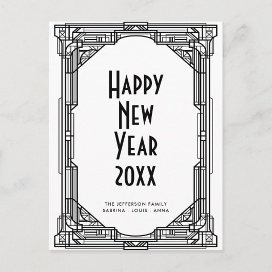 アールデコ黒白ハッピーニューイヤー ポストカード (正面)