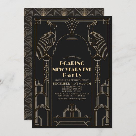 アールデコ1920年代のギャツビー・ピーコック・ニューイヤーズ・イブ 招待状 (正面/裏面)