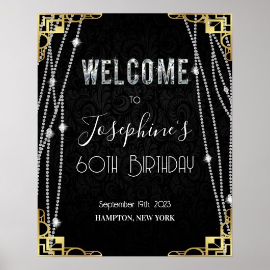 アールデコ1920sブラックと金ゴールドダイヤモンドウェルカムサイン ポスター (正面)
