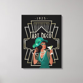 アールデコ1920sレディーグリーンドレス金ゴールドフレームブラック キャンバスプリント