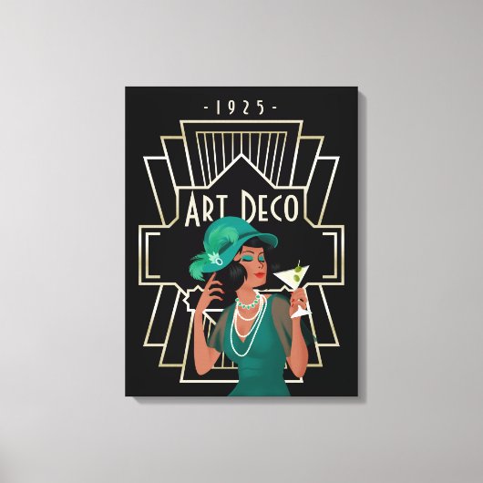 アールデコ1920sレディーグリーンドレス金ゴールドフレームブラック キャンバスプリント (正面)