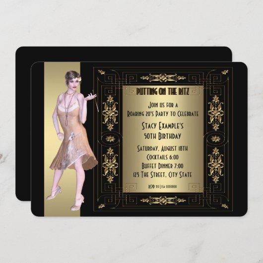 アールデコ20の誕生日パーティー 招待状 (正面/裏面)