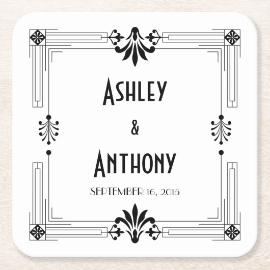 アールデコ20年代の新郎新婦結婚のデート スクエアペーパーコースター (正面)