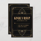アールデコ20s黒エレガント金ゴールド結婚式RSVPカード サンキューカード (正面/裏面)