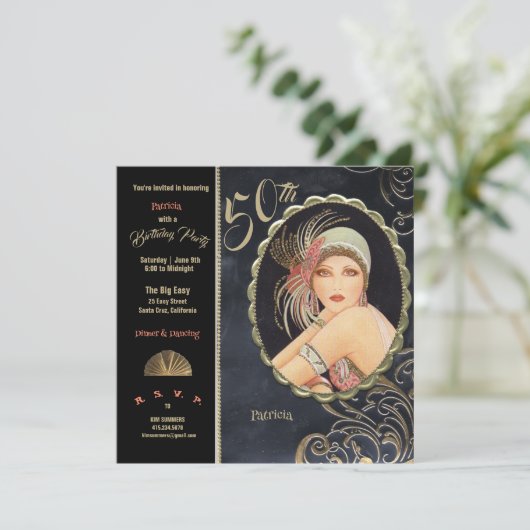アールデコ50th誕生日パーティー1920のフラッパーの女の子 招待状 (スタンド正面)