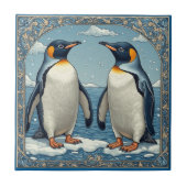 アールデコ アイスバード ペンギンのカップル 雪 青 海 タイル (正面)