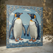 アールデコ アイスバード ペンギンのカップル 雪 青 海 タイル