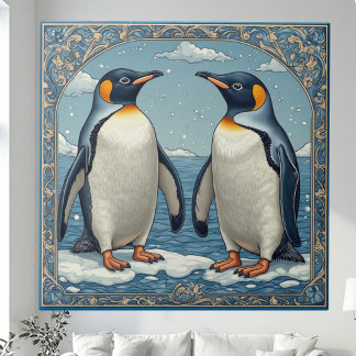 アールデコ アイスバード ペンギンのカップル 雪 青 海 タイル