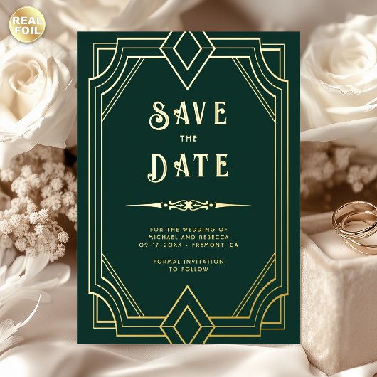 アールデコ エメラルド ゴールド 結婚式 Save the Date 箔招待状