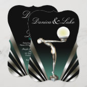 アールデコ·グラム·新しい結婚ズ|ティール（緑がかった色） 招待状 (正面/裏面)