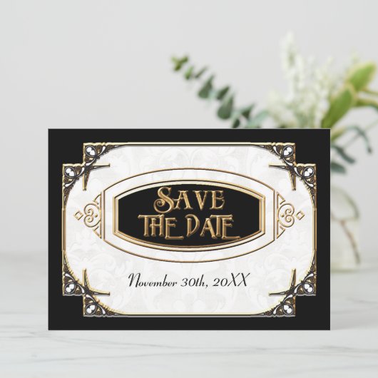 アールデコ グレートギャツビー スタイル タイポグラフィー n レース ゴールド セーブザデート (スタンド正面)