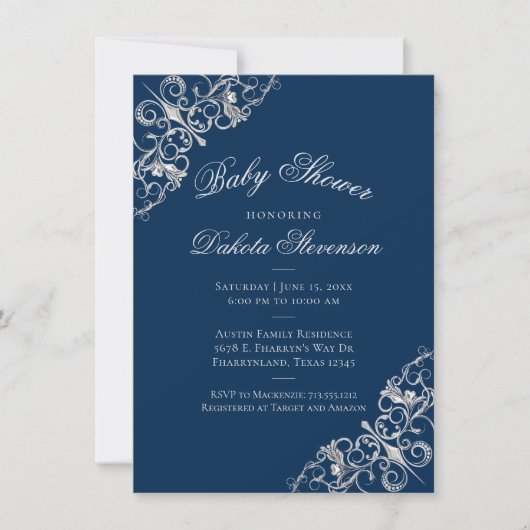 アールデコ |シルバーネイビーブルーベビーシャワー 招待状 (正面)