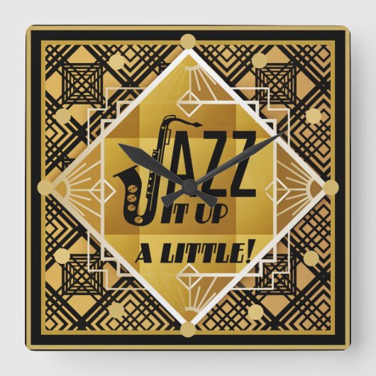 アールデコ·ジャズ·サクソフォン·ブラック·金ゴールド1920年代音楽 スクエア壁時計 (正面)