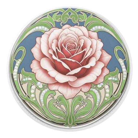 アールデコ・ヌヴォー 薔薇 花 緑 青 赤 セラミックノブ (正面)