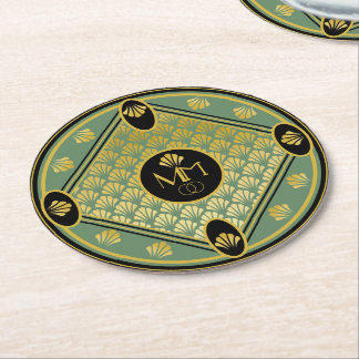 アールデコ·ファエレガントン·パターン·モ結婚ノグラム ラウンドペーパーコースター