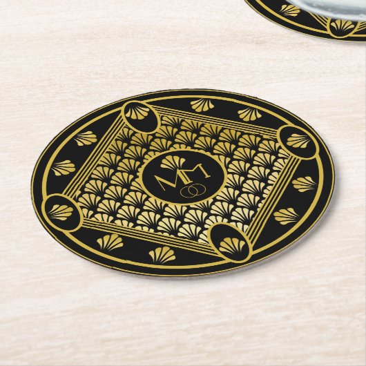 アールデコ·ファエレガントン·パターン·モ結婚ノグラム ラウンドペーパーコースター (アングル)