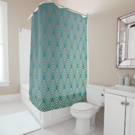 アールデコ，ファンパターン，ティール（緑がかった色），白，ファンパターン， c シャワーカーテン