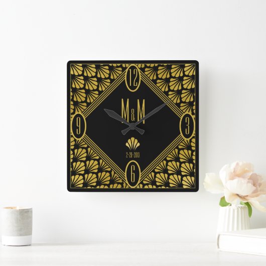 アールデコ·ファン·パーソナライズされたパターン·カップル·モノグラム スクエア壁時計 (ホーム)