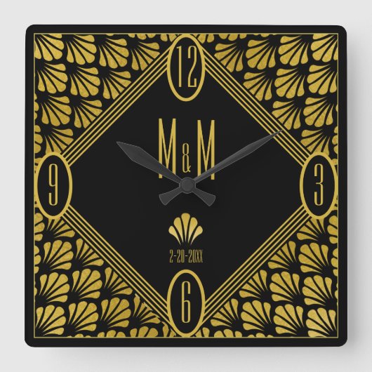 アールデコ·ファン·パーソナライズされたパターン·カップル·モノグラム スクエア壁時計 (正面)