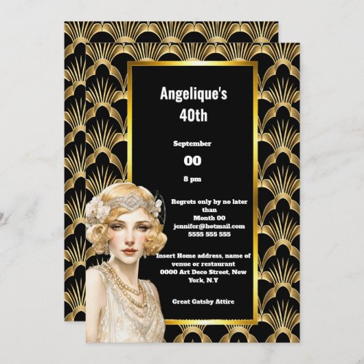 アールデコ・フラッパーの女の子1920年の轟音20代 招待状 (正面/裏面)