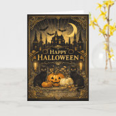 アールデコ ブラック ゴールド ハロウィン カード (黄色い花)