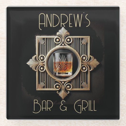 アールデコ、ブラック&金ゴールドウィスキーロゴバー&グリル ガラスコースター (正面)