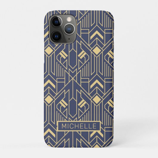 アールデコ ブルー ゴールド 幾何学模様 オーダーメイド 名前入り Case-Mate iPhoneケース (裏)