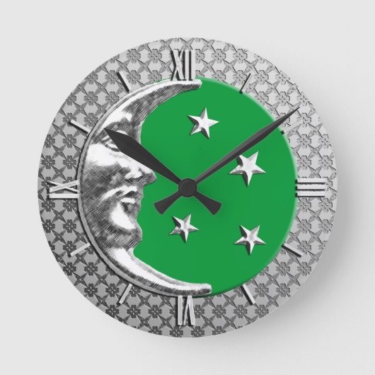 アールデコ・ムーン・アンド・スターズ・ジェイド・グリーン・アンド・シルバー ラウンド壁時計 (正面)