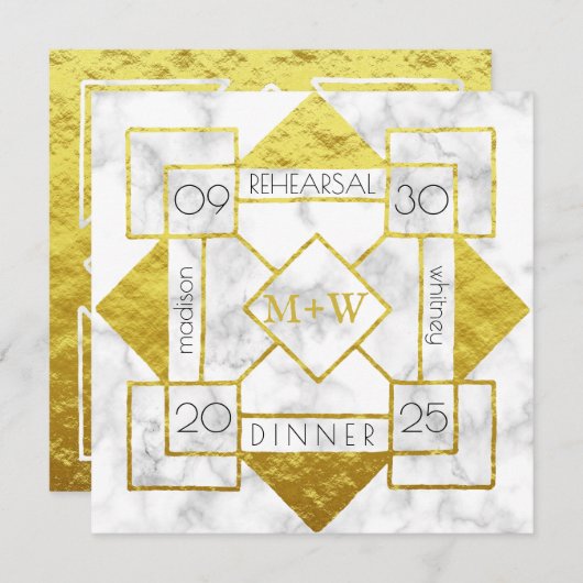 アールデコ·リハーサル·デ結婚ィナーの大理石金箔 招待状 (正面/裏面)