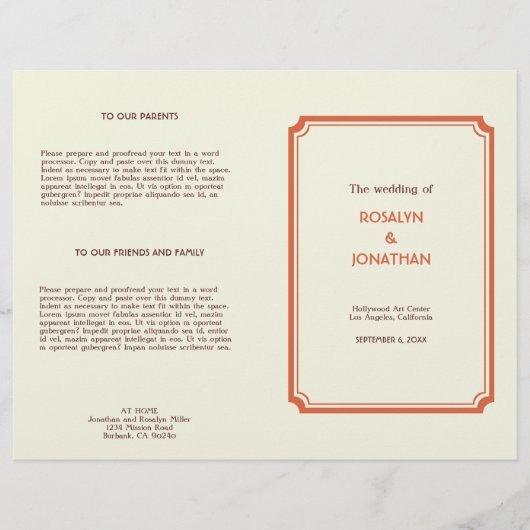 アールデコ・レトロ・オレンジ・ブラウン・ウェディングプログラム (正面)