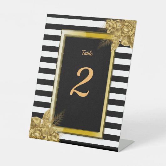 アールデコ、金ゴールドストライプバラ結婚のテーブル番号 台座サイン (正面)