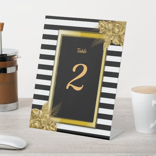 アールデコ、金ゴールドストライプバラ結婚のテーブル番号 台座サイン (インサイチュ)