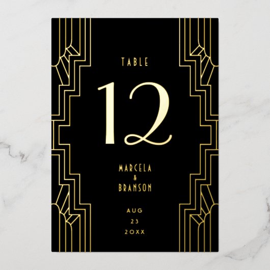 アールデコIronworkブラック金ゴールド結婚のテーブル番号 箔招待状 (正面)