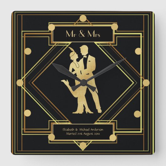 アールデコnewlyweds 1920sカップルブラック金ゴールド スクエア壁時計 (正面)
