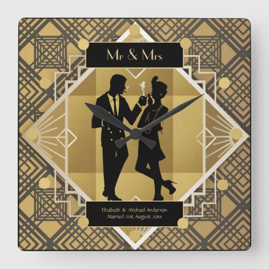 アールデコnewlyweds 1920sカップルブラック金ゴールド スクエア壁時計 (正面)