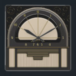 アールデコRadiola (砂、ダークグレー、黒、金ゴールド) スクエア壁時計<br><div class="desc">この時計のオリジナル絵画デジタルは1930カッコいい年のアールデコラジオデザインです。色々なシェーディング技術を使用して、金色のスポークとグリルを持つ3Dベークライト時計を提案し、金属性の薄い金ゴールドの円パターンを持つ黒い壁紙に対して設定し、この壁時計は確実にあなたの良い味のためのコメントと賞賛を収集する!</div>
