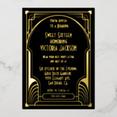 アールデコSweet sixteenバースデーパーティー金ゴールド&ブラック 箔招待状 (正面)