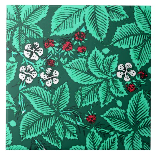 アールヌーボーのいちごおよび葉のターコイズ タイル (正面)