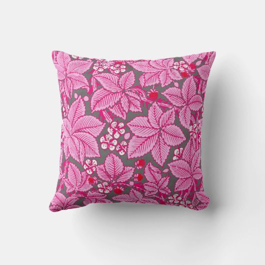 アールヌーボーのいちごおよび葉、ピンクおよび灰色 クッション (裏面)