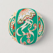 アールヌーボーのくらげ3インチボタンのターコイズの金ゴールド 缶バッジ (正面)