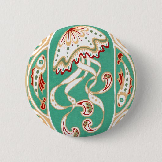 アールヌーボーのくらげ3インチボタンのターコイズの金ゴールド 缶バッジ (正面)