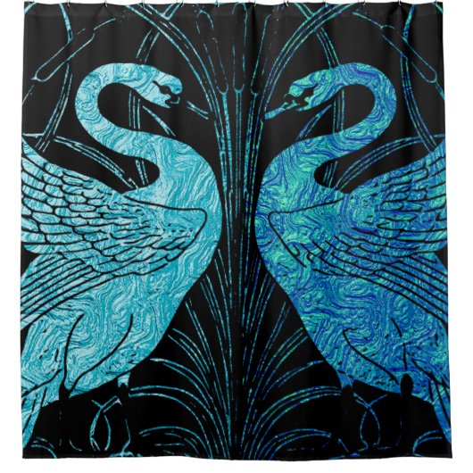 アールヌーボーのエレガントなデザイン、金属ティール(緑がかった色)及び黒、 シャワーカーテン (正面)