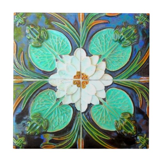 アールヌーボーのカエルとユリのパッドのアズレヨスヴィンテージ タイル (正面)