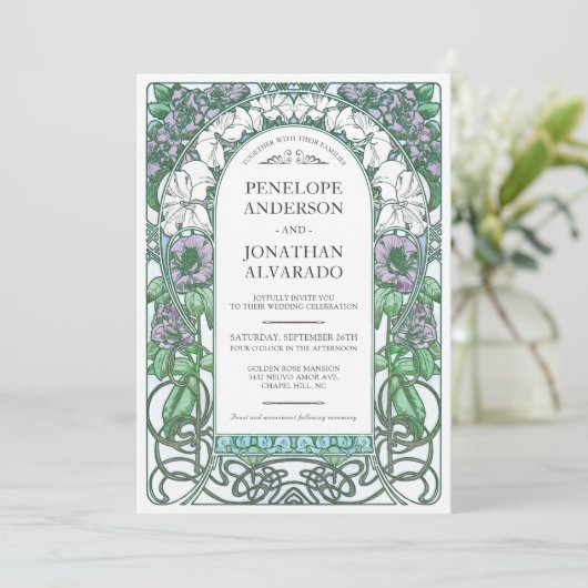 アールヌーボーのカラフルな結婚式招待状(#2)を置いて下さい 招待状 (スタンド正面)