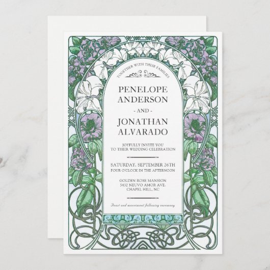 アールヌーボーのカラフルな結婚式招待状(#2)を置いて下さい 招待状 (正面/裏面)