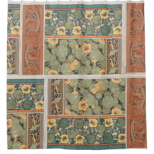 アールヌーボーのキンレンカによっては花の装飾が開花します シャワーカーテン (正面)