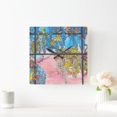 アールヌーボーのステンドグラスの藤によっては時計が開花します スクエア壁時計 (ホーム)