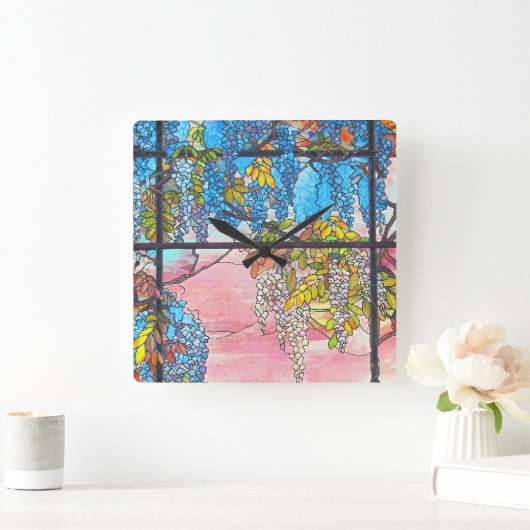 アールヌーボーのステンドグラスの藤によっては時計が開花します スクエア壁時計 (ホーム)