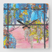 アールヌーボーのステンドグラスの藤によっては時計が開花します スクエア壁時計 (正面)